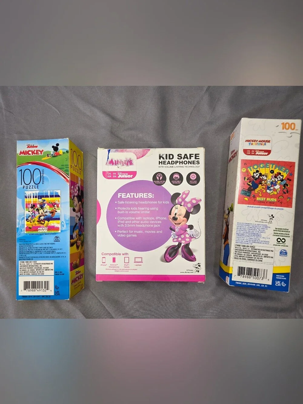 Disney Jr. Bundle-(2) Mickey Mouse 100 Piece Puzzles&Minnie Kid-Safe Headphones